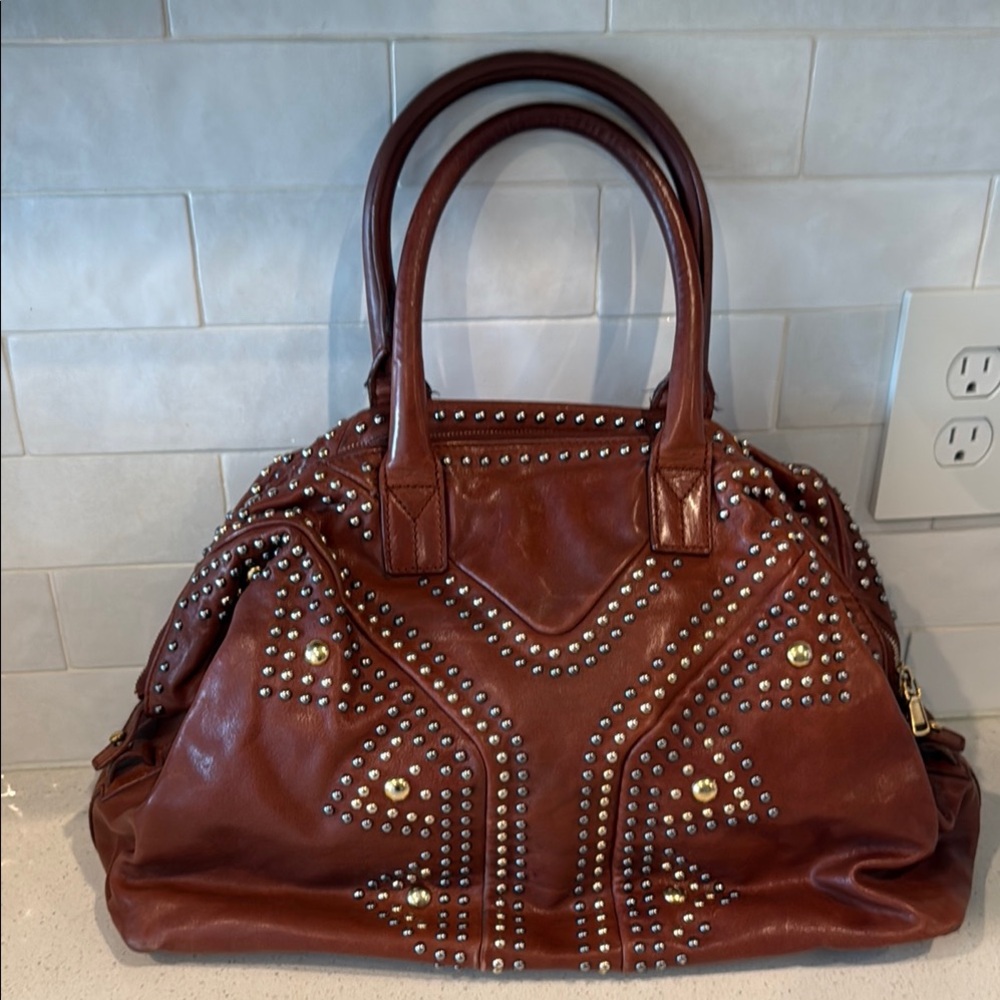 Yves Saint Laurent Brown Studded Satchel Bag